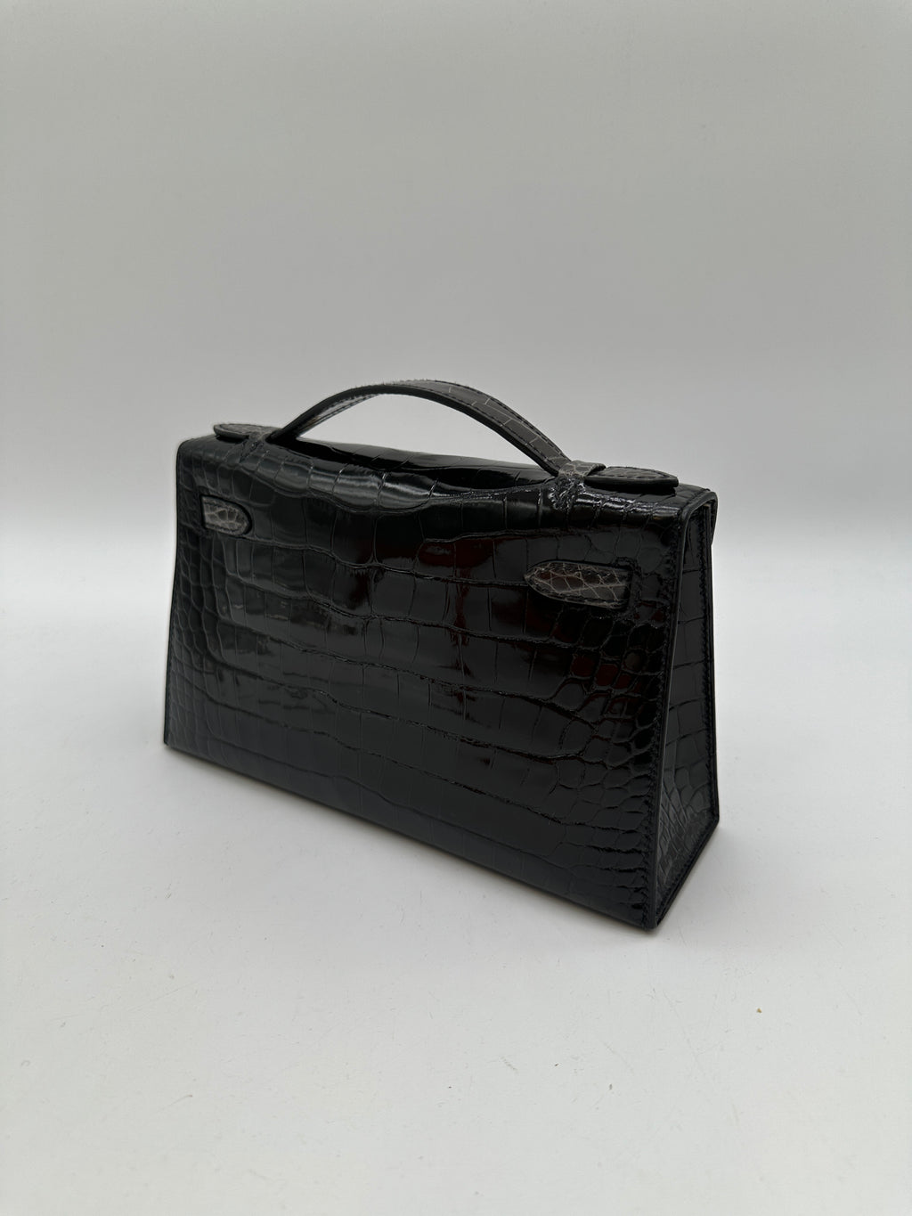 Hermès Kelly Pochette HSS Black / Graphite Shiny Alligator GHW